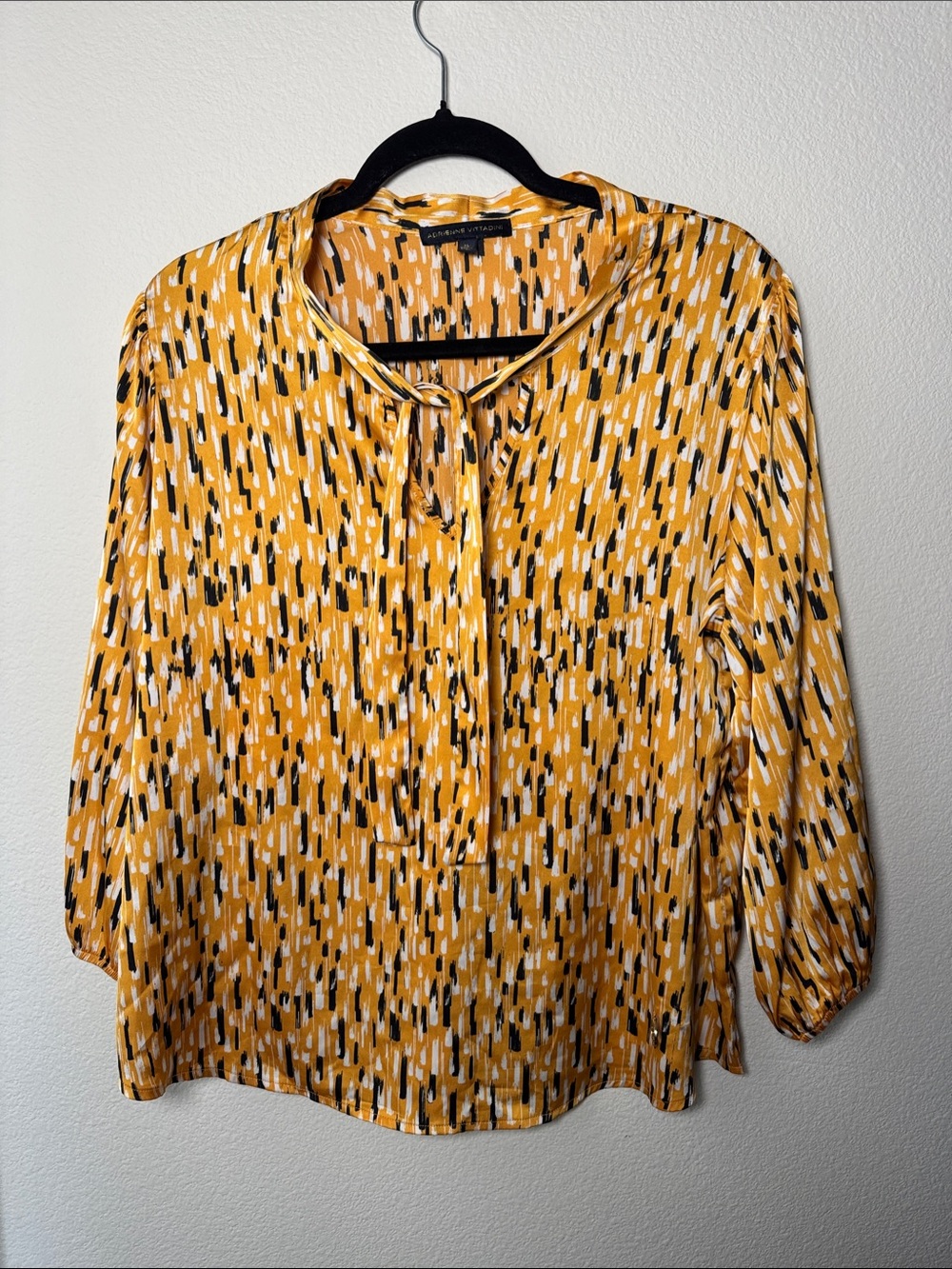 Adrienne Vittadini Mustard Abstract Tie-Neck Blouse